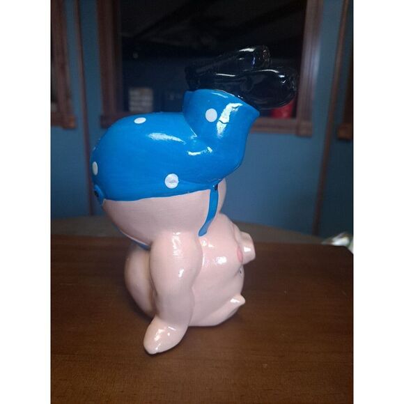Ceramic 5 1/2" Porky Pig in‎ Blue Overalls in Headstand Figurine Piggy Bank - Picture 2 of 6